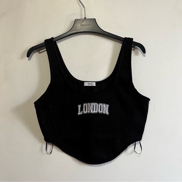 Black corset crop top with London embroidery #corsettop #y2k - Picture 1 of 1